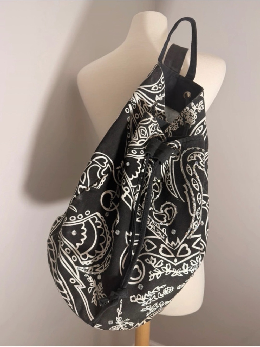 Oversized Black & White Paisley Hobo Bag - Crossbody - Plastic Lined